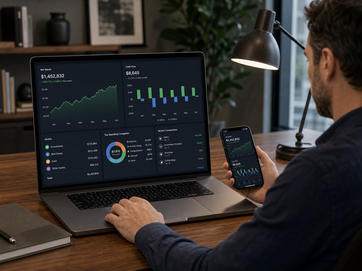 Finfixr dashboard showing net worth and cash flow